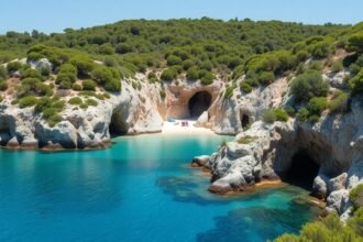 Kavourotripes sziklás öble türkiz víz és homokpadokkal