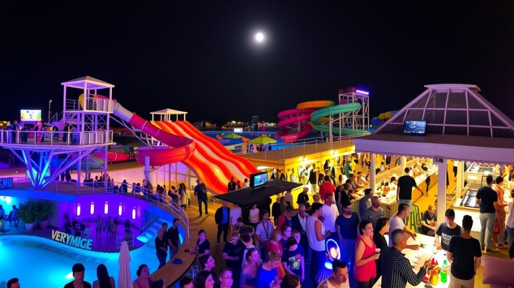 Éjszakai szórakozás és vízi csúszdák Hersonissosban, Krétán.