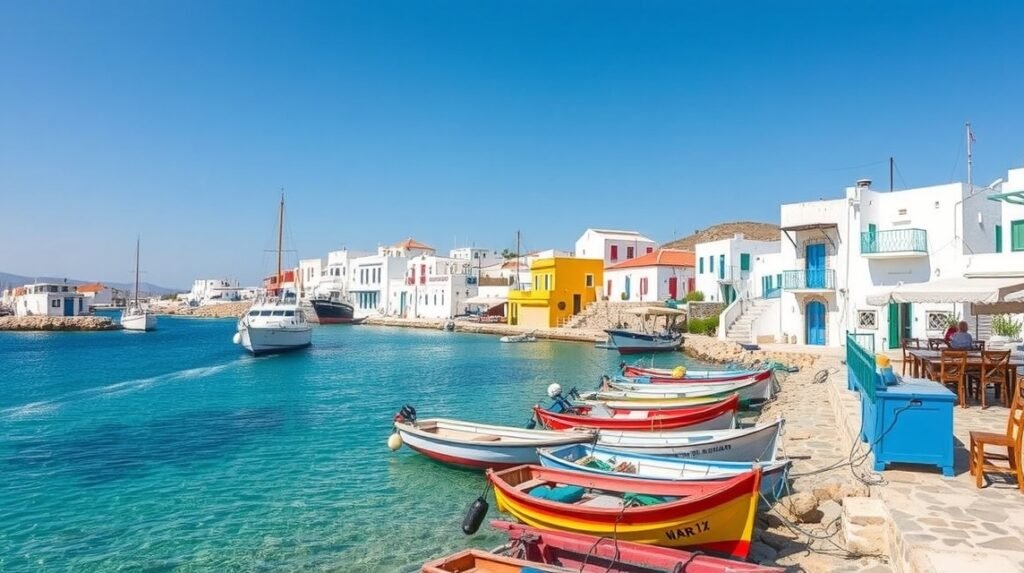 Naoussa halászkikötő színes halászhajókkal és fehér házakkal.