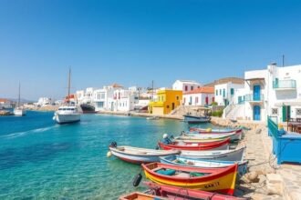 Naoussa halászkikötő színes halászhajókkal és fehér házakkal.