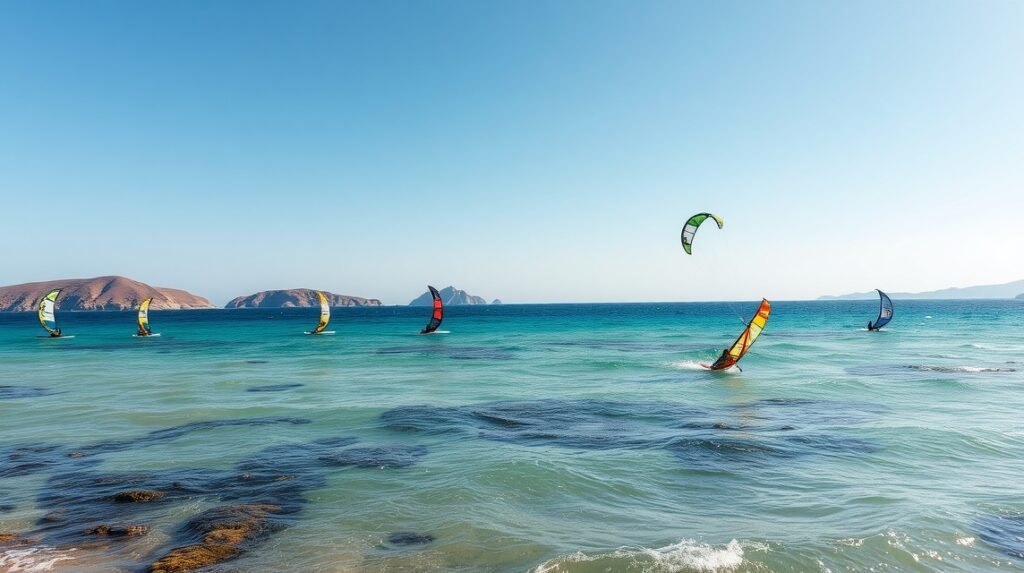 Kitesurfing szörfözők a Prasonisi strandján Rodoszon.