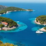 Gyönyörű tengerpart és szigetek Syvotához közel Epiruszban.