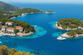 Gyönyörű tengerpart és szigetek Syvotához közel Epiruszban.