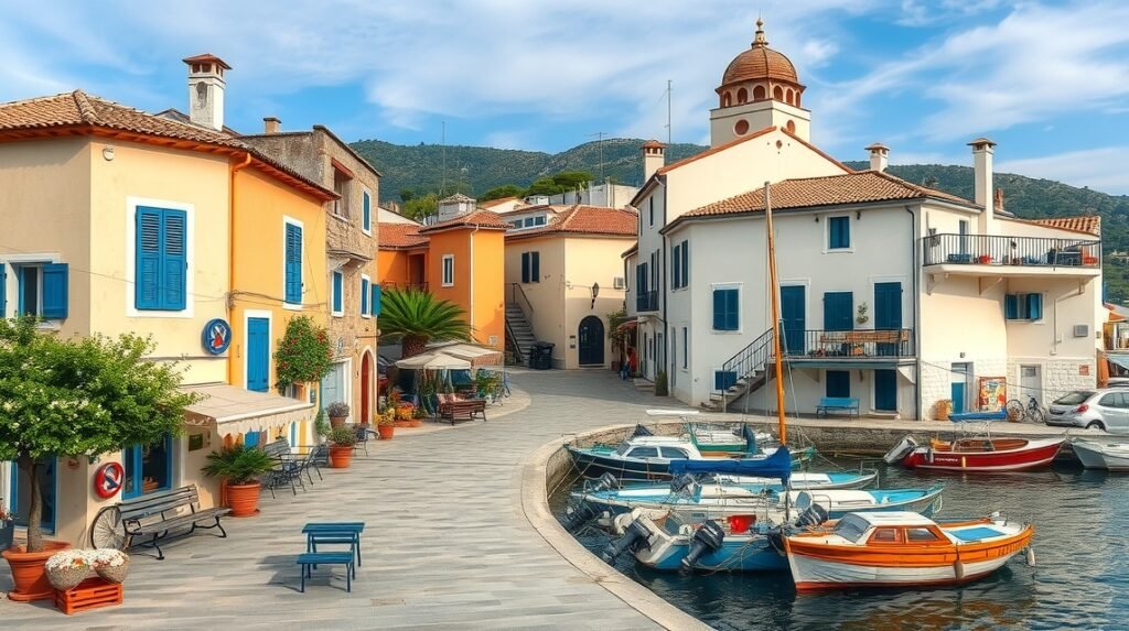 Benitses halászfalu Korfun, színes házak és kikötött csónakok.