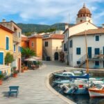 Benitses halászfalu Korfun, színes házak és kikötött csónakok.