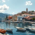 Fiskardo kilátás Kefalónián, gyönyörű házak és hajók a vízben.