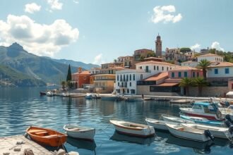 Fiskardo kilátás Kefalónián, gyönyörű házak és hajók a vízben.