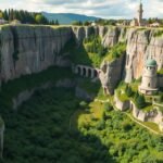 A Creux du Van természeti amfiteátruma sziklákkal és zöldellő növényzettel.