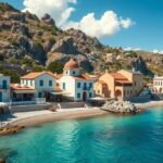 Tengerparti házak Stoupában a Mani-félszigeten, Görögországban