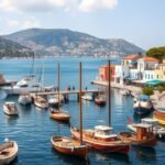 Pythagoreio kikötője, Samos: gyönyörű táj és halászbárkák.