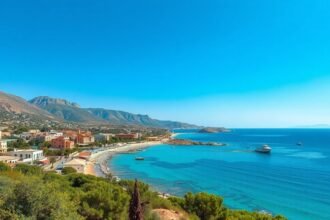 Paleochora gyönyörű tengerpart és hegyek Krétán a Líbiai-tenger mellett.