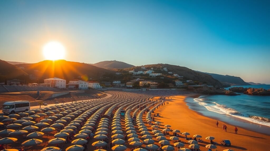 A gyönyörű Mylopotas strand naplementében Ios szigetén, Görögországban.