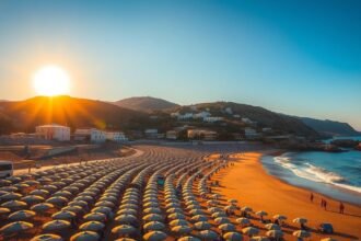 A gyönyörű Mylopotas strand naplementében Ios szigetén, Görögországban.