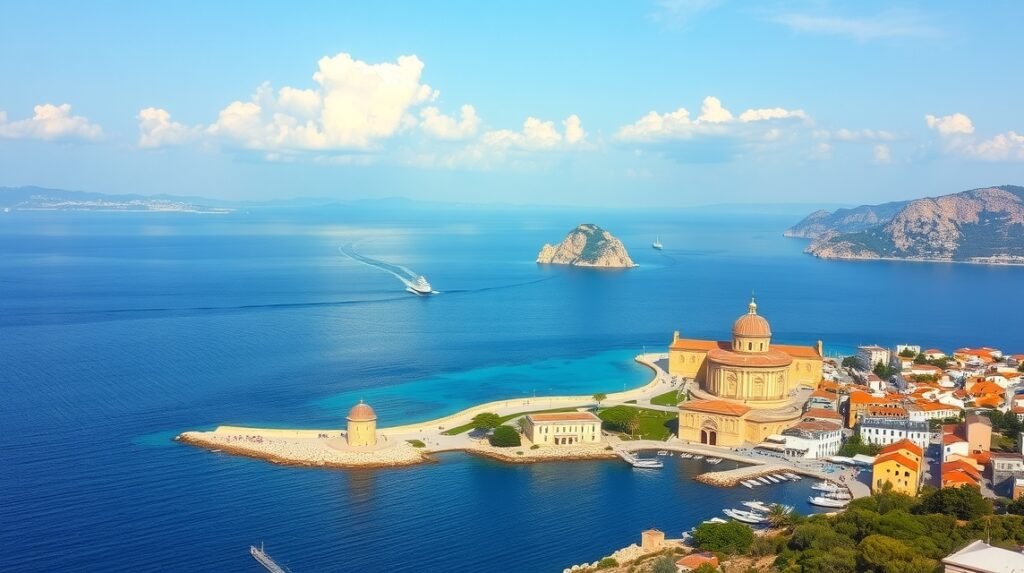 Pohled a tengerparton Prevezában, Jón-tenger és Ambrakiai-öböl.