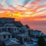 Molivos köves házai naplementében Lesbos szigetén.