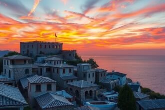 Molivos köves házai naplementében Lesbos szigetén.