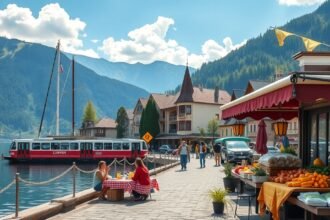 Svájc gyönyörű városi tájnak szegélyezett vízparti sétány.