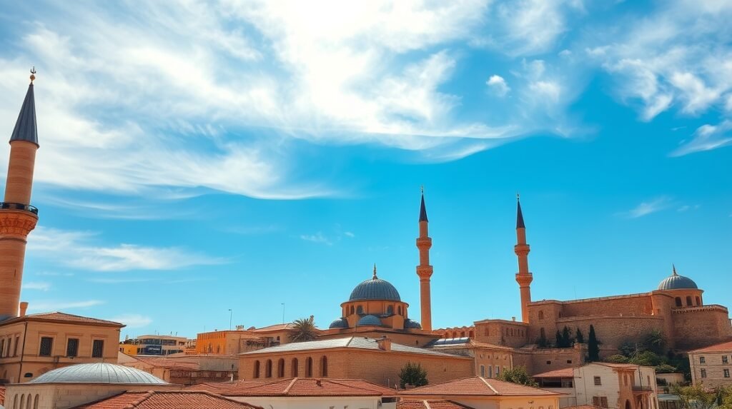 Rethymno török minaretjei és velencei erődök a kék ég alatt.