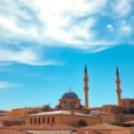 Rethymno török minaretjei és velencei erődök a kék ég alatt.