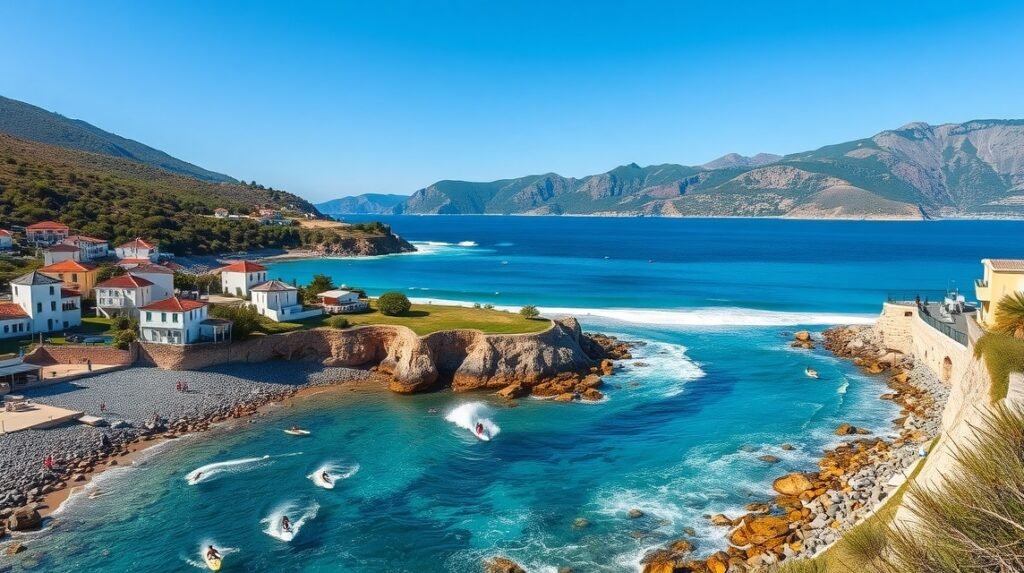 Kokkari festői kavicsos öble és szörfösök a tengerparton Samoson.