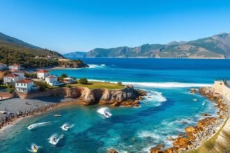 Kokkari festői kavicsos öble és szörfösök a tengerparton Samoson.