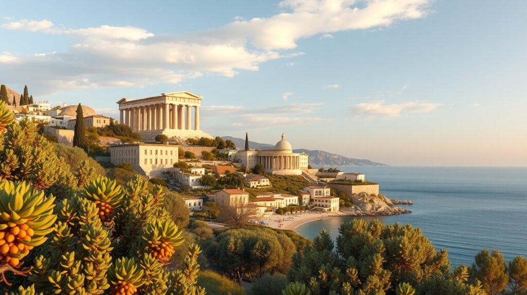 Aegina látképe, ókori templomok és a tengerpart sziluettje