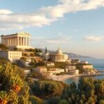 Aegina látképe, ókori templomok és a tengerpart sziluettje