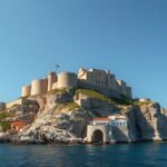 Monemvasia középkori erődítménye sziklán, Görögországban.