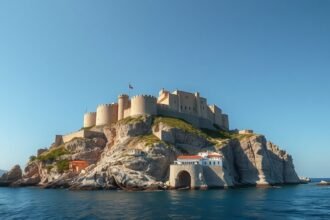 Monemvasia középkori erődítménye sziklán, Görögországban.
