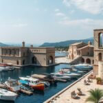 Gouvia marina és a velencei hajógyár romjai Korfun.