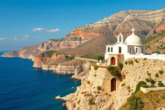 A Hozoviotissa kolostor Amorgos szigetén, a mélykék Égei-tenger partján.