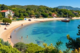 Homokos part és gondozott park Hanioti, Halkidikiben