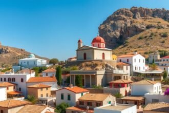 A sziklára épült templom a petrai faluban, Lesboson.