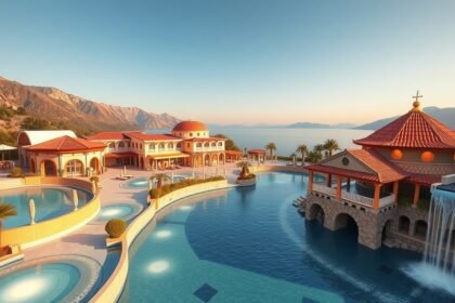 Breathtaking view of a resort in Loutraki, Greece with pools and sea.
