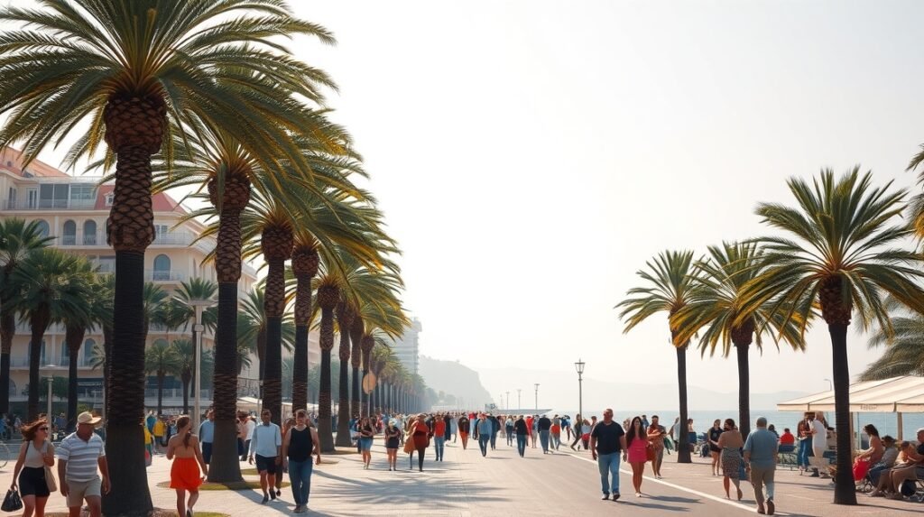 Nizza pálmafái alatt sétáló emberek a Promenade des Anglais-n.