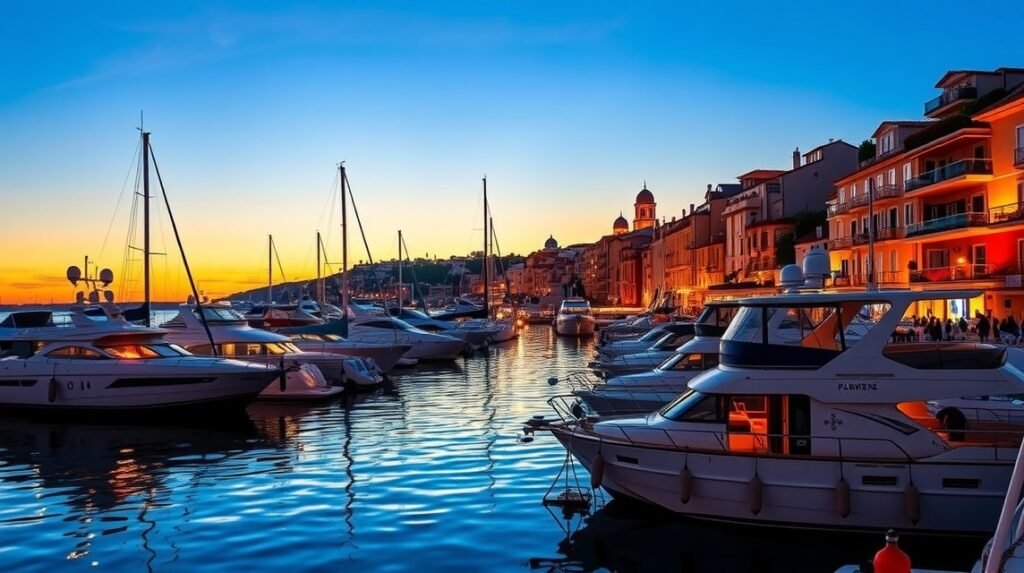 Saint-Tropez kikötője luxusjachtokkal naplementében