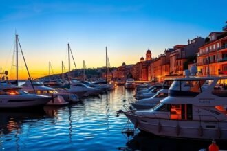 Saint-Tropez kikötője luxusjachtokkal naplementében