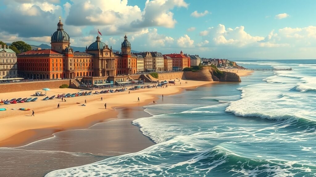 Biarritz tengerparti városkép a császári palotával és hullámokkal
