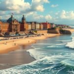 Biarritz tengerparti városkép a császári palotával és hullámokkal