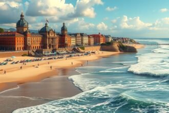 Biarritz tengerparti városkép a császári palotával és hullámokkal