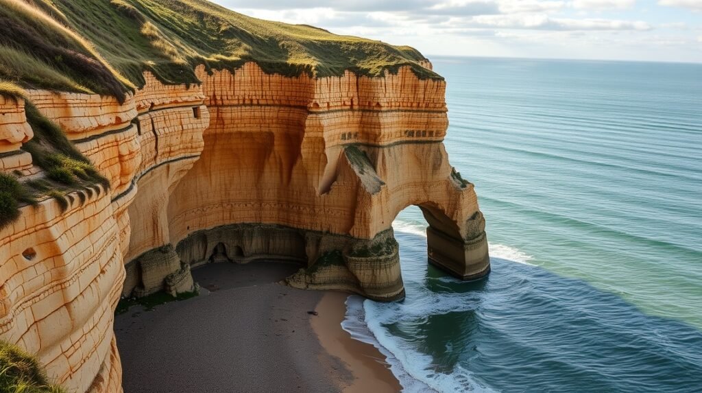 Étretat elefántormányra emlékeztető sziklakapu és tengerparti látvány