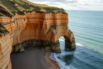 Étretat elefántormányra emlékeztető sziklakapu és tengerparti látvány