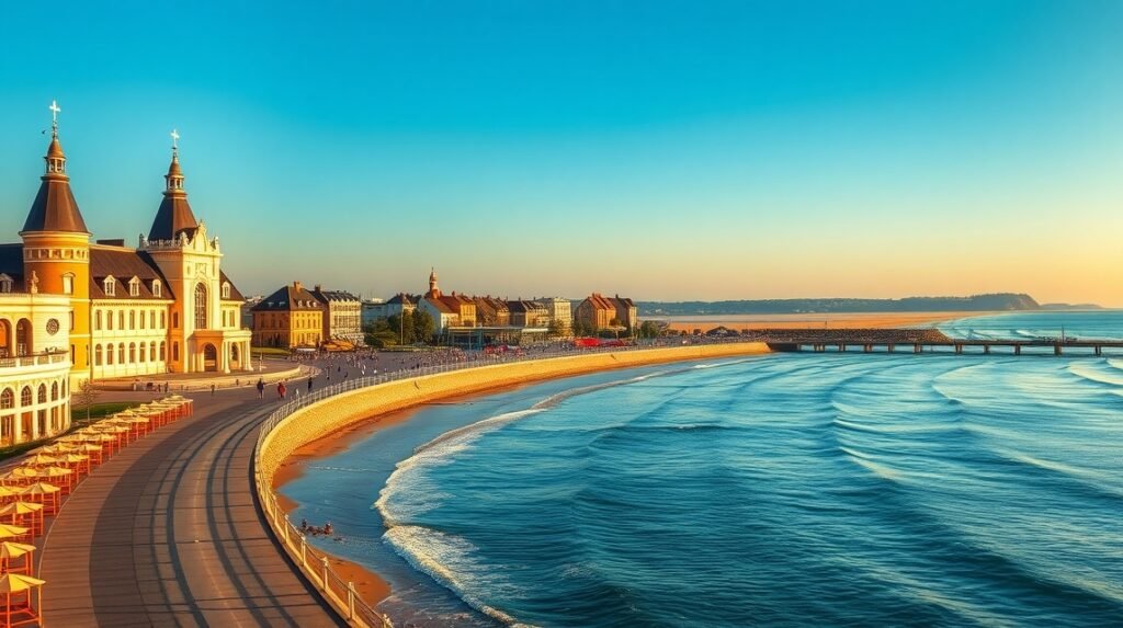 Deauville tengerparti látkép kaszinóval és deszkasétánnyal