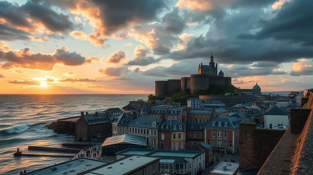 Saint-Malo gránit várfalai naplementében.