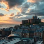 Saint-Malo gránit várfalai naplementében.