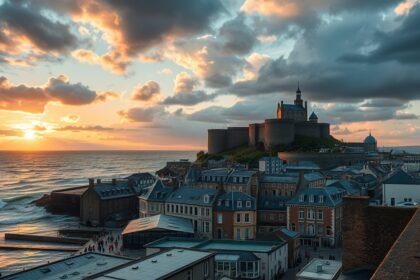 Saint-Malo gránit várfalai naplementében.