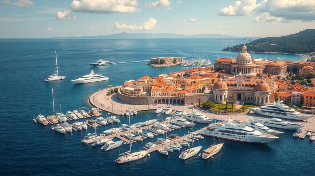 Látkép Antibes városáról, milliárdosok kikötőjével és Fort Carré erődjével.