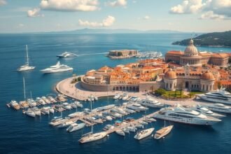 Látkép Antibes városáról, milliárdosok kikötőjével és Fort Carré erődjével.