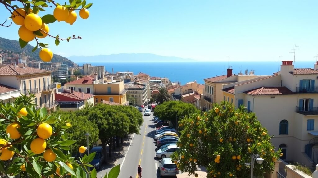 Képes látkép Menton városának citromfáival és gyönyörű tengerpartjával