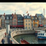 Honfleur festői kikötője macskaköves utcákkal és hajókkal